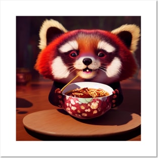 Kawaii Red Panda Eating Ramen Posters and Art